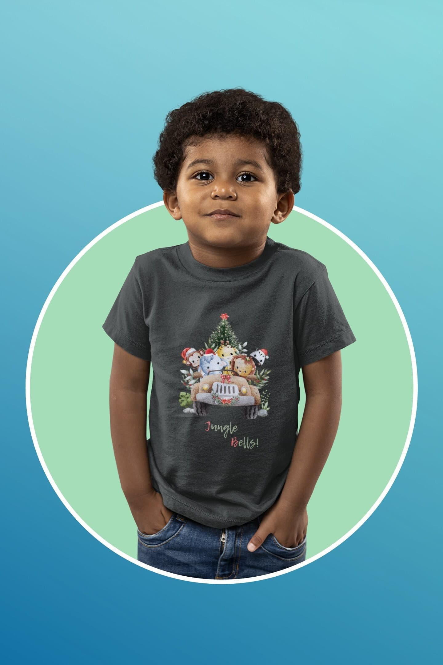 KIDS - Christmas Shirts for Kids, Jingle Bell, Jungle Animal Safari, Cute Christmas Shirts, Holiday Tee, Funny Cool, Dark Grey Color, Gray